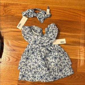 Janie and Jack NWT Blue Floral Dress with Matching Headband